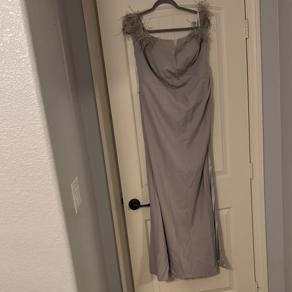 Elegant Gray Evening Gown Off Shoulder Feather Details